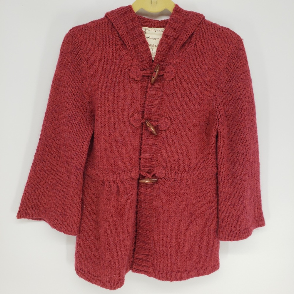 Kenji Hooded Toggle Cardigan Sweater Women L Red Wool Alpaca Blend Knit Peplum